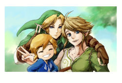 Rule 34 | 16167mono, 3boys, blonde hair, blue eyes, clenched teeth, closed eyes, earrings, elf, gloves, grin, happy, hat, jewelry, link, looking at viewer, male focus, multiple boys, multiple persona, nintendo, outdoors, pointy ears, short hair, smile, teeth, the legend of zelda, the legend of zelda: ocarina of time, the legend of zelda: the wind waker, the legend of zelda: twilight princess, v
