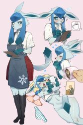 Rule 34 | 1girl, :&lt;, :3, absurdres, afterimage, animal ears, animal hands, apron, arms up, black apron, black socks, blue fur, blue hair, blue panties, blue sclera, body fur, bottomless, bra, breasts, buttons, cellphone, claws, clipboard, closed eyes, closed mouth, clothes lift, coffee, collarbone, collared shirt, colored sclera, creatures (company), cropped torso, cup, ears down, embarrassed, expressionless, female focus, flying sweatdrops, from above, from side, frost, frozen, full body, furry, furry female, game freak, gen 4 pokemon, glaceon, groin, gu deulmok, half-closed eyes, hands up, heart, highres, holding, holding clipboard, holding cup, holding pen, holding phone, kneehighs, latte art, legs, legs together, long hair, looking at phone, lying, medium breasts, miniskirt, mug, multicolored hair, multiple views, navel, nervous, nintendo, no bra, on back, outstretched arms, own hands together, panties, pen, personification, phone, pillow, pink background, pocket, poke ball symbol, pokemon, pokemon (creature), profile, red skirt, shiny skin, shirt, shirt lift, short sleeves, sidelocks, simple background, skirt, smartphone, snowflake print, socks, speech bubble, standing, stomach, striped clothes, striped panties, tail, tail censor, trembling, twintails, two-tone fur, two-tone hair, underboob, underwear, unworn bra, unworn panties, upper body, waitress, white eyes, white shirt, writing