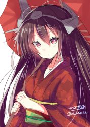 Rule 34 | 10s, 1girl, alternate costume, black hair, blush, closed mouth, collarbone, eyebrows, hair between eyes, headgear, highres, hizaka, holding, holding umbrella, japanese clothes, kantai collection, kimono, long hair, looking at viewer, nagato (kancolle), obi, red eyes, sash, simple background, solo, twitter username, umbrella, upper body, white background, wide sleeves