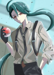 Rule 34 | 1girl, black gloves, black necktie, black pants, blurry, blurry background, bright pupils, brown eyes, buttons, collared shirt, commentary, creatures (company), earrings, floating hair, game freak, gloves, green hair, hair between eyes, hand in pocket, hand up, holding, holding poke ball, jewelry, kiraki yuu, long hair, necktie, nintendo, pants, parted lips, poke ball, poke ball (basic), pokemon, pokemon sv, ponytail, rika (pokemon), shirt, solo, suspenders, white pupils