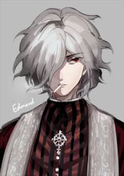 Rule 34 | 1boy, artist name, buttons, cigarette, edmond dantes (fate), expressionless, fate/grand order, fate (series), grey background, grey hair, hair over one eye, looking to the side, male focus, mouth hold, parted lips, plaid, plaid shirt, red eyes, red shirt, shirt, short hair, simple background, smoke, smoking, solo, teeth, unagi (nakaelric), upper body, white undershirt