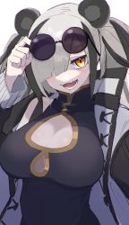 Rule 34 | 1girl, animal ears, arknights, azsa (az nyqn), breasts, china dress, chinese clothes, cleavage cutout, clothing cutout, dress, eyewear on head, feater (arknights), grey hair, highres, jacket, large breasts, multicolored hair, panda ears, streaked hair, sunglasses, yellow eyes