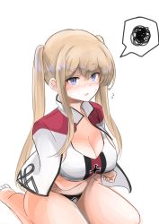 Rule 34 | 10eki (tenchou), blonde hair, blue eyes, breasts, capelet, cleavage, commentary, cross, graf zeppelin (kancolle), hair between eyes, highres, iron cross, kantai collection, large breasts, military, military uniform, one-hour drawing challenge, open mouth, sidelocks, simple background, sitting, squatting, swimsuit, uniform, white background