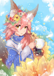 Rule 34 | 10s, 1girl, alternate costume, alternate hairstyle, animal ears, bug, butterfly, cup, fate/extra, fate/extra ccc, fate/grand order, fate (series), flower, fox ears, fox tail, hair flower, hair ornament, bug, long hair, looking at viewer, open mouth, pink hair, solo, sunflower, tail, tamamo (fate), tamamo no mae (fate/extra), yellow eyes, yun cao bing