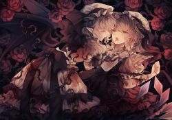 Rule 34 | 2girls, bat wings, blonde hair, blood trail, crystal, dress, eyebrows hidden by hair, feet out of frame, flandre scarlet, floral background, flower, hair between eyes, hands up, hat, hat ribbon, highres, incest, long hair, looking at another, lying, lying on person, mob cap, multiple girls, namakuby, on back, one side up, pointy ears, profile, puffy short sleeves, puffy sleeves, purple hair, red dress, red eyes, red flower, red ribbon, remilia scarlet, ribbon, rose, short hair, short sleeves, siblings, sisters, tongue, tongue out, touhou, wavy hair, white dress, white headwear, wings