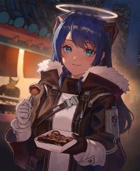 Rule 34 | 1girl, arknights, asymmetrical gloves, black gloves, black jacket, blue eyes, blue hair, blush, building, commentary request, emknov, food, fur-trimmed jacket, fur trim, gloves, halo, highres, holding, holding food, horns, jacket, long hair, long sleeves, mismatched gloves, mostima (arknights), night, open clothes, open jacket, outdoors, parted lips, shirt, skyscraper, smile, solo focus, swept bangs, takoyaki, upper body, white gloves, white shirt
