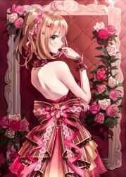 Rule 34 | 1girl, ahoge, back, bare shoulders, blonde hair, blush, breasts, chocolate, dress, eating, floral background, flower, from side, green eyes, hair ornament, hair ribbon, heart, highres, idolmaster, idolmaster cinderella girls, idolmaster cinderella girls starlight stage, large breasts, layered dress, long hair, looking at viewer, open mouth, picture frame, red dress, red nails, red ribbon, ribbon, rose, sash, sato shin, scrunchie, see-through choker, solo, takeashiro, twintails