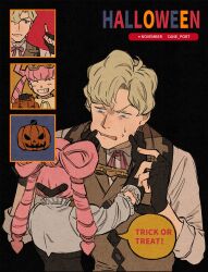 Rule 34 | 1girl, absurdres, ace attorney, blonde hair, blue eyes, brown vest, cane port, collared shirt, drill hair, english text, food, gloves, goggles, hair rings, halloween, hands on another&#039;s face, herlock sholmes, highres, iris wilson, jack-o&#039;-lantern, long hair, long sleeves, looking down, male focus, open mouth, pink hair, pumpkin, shirt, short hair, smile, stretching cheeks, sweatdrop, the great ace attorney, trick or treat, twintails, vest