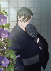 Rule 34 | 1boy, alternate costume, alternate hairstyle, arm guards, black gloves, black hair, black kimono, closed mouth, cutout gloves, eyes visible through hair, fate/grand order, fate (series), flower, gloves, grey sash, hair behind ear, hair over one eye, hair over shoulder, hand fan, hand up, holding, holding fan, japanese clothes, kibadori rue, kimono, long sleeves, looking at viewer, male focus, medium hair, morning glory, paper fan, purple eyes, purple flower, smile, solo, tile wall, tiles, trellis, uchiwa, upper body, wide sleeves, yamanami keisuke (fate), yukata