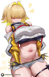 Rule 34 | 1girl, :3, ahoge, arm guards, bare shoulders, belt, black sports bra, blonde hair, blush, breasts, closed mouth, clothing cutout, commentary, crop top, crop top overhang, cropped sweater, curvy, elegg (nikke), enma (enmanuelart), exposed pocket, fang, fang out, gloves, goddess of victory: nikke, grey shorts, groin, hair intakes, hair over eyes, highres, large breasts, lightning bolt symbol, long bangs, long sleeves, medium hair, micro shorts, midriff, multicolored hair, navel, paid reward available, patreon logo, patreon username, shiny skin, short shorts, shorts, shoulder cutout, simple background, smile, solo, sports bra, sweater, thick thighs, thighs, two-tone hair, watermark, web address, white background, white sweater, wide hips