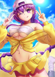 Rule 34 | 1girl, absurdres, asymmetrical hair, bandeau, bare shoulders, baseball cap, bb (fate), bb (fate) (all), bb (swimsuit mooncancer) (fate), bb (swimsuit mooncancer) (first ascension) (fate), beach, blue sky, blush, braid, breasts, cleavage, collarbone, cropped jacket, double v, fate/grand order, fate (series), hat, hat ornament, highres, huge filesize, jacket, large breasts, licking lips, long hair, long sleeves, looking at viewer, midriff, mikasumi, miniskirt, one eye closed, purple eyes, purple hair, single braid, skirt, sky, smile, solo, star (symbol), star hat ornament, thighs, tongue, tongue out, v, very long hair, white hat, yellow jacket, yellow skirt