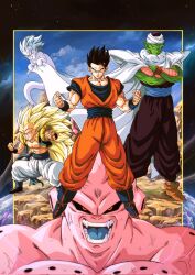 Rule 34 | 4boys, angry, biceps, blue sky, clenched hands, colored skin, demon, disgust, dougi, dragon ball, dragonball z, fangs, fighting, fighting stance, full body, gotenks, green skin, grin, highres, injury, looking at another, looking at viewer, majin buu, manly, multiple boys, muscular, official style, open mouth, pectorals, piccolo, pointy ears, potential unleashed, red eyes, serious, sky, smile, son gohan, spiked hair, super buu, super ghost kamikaze attack, super saiyan, super saiyan 3, toriyama akira (style), ultimate gohan