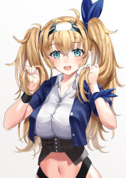 Rule 34 | 1girl, blonde hair, blue eyes, blue jacket, blush, collarbone, collared shirt, crop top, gambier bay (kancolle), gambier bay mk ii (kancolle), hair between eyes, hairband, highres, jacket, kantai collection, long hair, mayura (lucadia), navel, open clothes, open jacket, open mouth, shirt, simple background, smile, solo, twintails, upper body, white background, white shirt