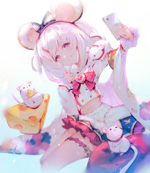 Rule 34 | 1girl, animal, animal ears, animal on shoulder, brooch, cellphone, cheese, crop top, fake animal ears, food, granblue fantasy, hair ornament, hairclip, holding, holding phone, jewelry, long sleeves, looking at viewer, midriff, miniskirt, mouse (animal), mouse ears, navel, phone, pillow, selfie, shirt, short hair, sitting, skirt, smartphone, solo, thigh strap, v, vienri, vikala (granblue fantasy), white hair, white shirt, white skirt