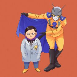 Rule 34 | 2boys, black eyes, black gloves, black hair, blue cape, boots, bowing, cape, commentary, dr. hedo, dragon ball, dragon ball super, dragon ball super super hero, english commentary, gamma 2, gloves, hands in pockets, height difference, highres, hood, hoodie, jacket, jenxd d, knee boots, lab coat, male focus, multiple boys, pants, smile, yellow jacket, yellow pants
