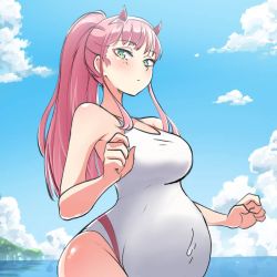 Rule 34 | 1g no izumi, artist request, beach, blue sky, blush, breasts, cloud, competition swimsuit, covered navel, darling in the franxx, dot mouth, from below, from side, green eyes, large breasts, looking at viewer, looking to the side, ocean, one-piece swimsuit, outdoors, pink hair, ponytail, pregnant, sky, standing, swimsuit, water, wet, wet clothes, wet swimsuit, white one-piece swimsuit, zero two (darling in the franxx)