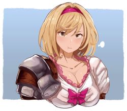 Rule 34 | 10s, 1girl, armor, blonde hair, blush, breasts, brown eyes, cleavage, djeeta (granblue fantasy), dress, fighter (granblue fantasy), granblue fantasy, hairband, large breasts, looking at viewer, pauldrons, pink dress, pout, puffy sleeves, shoohee, short hair, shoulder armor, solo, upper body