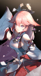 Rule 34 | absurdres, animal ears, arm up, bare shoulders, breasts, bright pupils, chiyo akira, cowboy shot, dark background, dated, detached sleeves, earrings, falling petals, floppy ears, fox ears, fox shadow puppet, genshin impact, hair between eyes, hair ornament, highres, japanese clothes, jewelry, light rays, long hair, medium breasts, nontraditional miko, parted lips, petals, pink hair, purple eyes, shirt, sideboob, sidelocks, signature, tomoe (symbol), turtleneck, vision (genshin impact), white pupils, white shirt, white sleeves, wide sleeves, yae miko