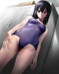 Rule 34 | 10s, 1girl, bad id, bad pixiv id, black hair, breasts, brown eyes, covered navel, fingernails, from below, hand on thigh, highres, himeragi yukina, light frown, locker, locker room, one-piece swimsuit, school swimsuit, shisshou senkoku, short hair, small breasts, solo, standing, strike the blood, swimsuit