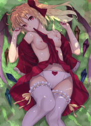 Rule 34 | 1girl, aged up, bad id, bad pixiv id, bare shoulders, blonde hair, blouse, bow, bow panties, breasts, cameltoe, clothes in mouth, clothes lift, come hither, dappled sunlight, embodiment of scarlet devil, female focus, flandre scarlet, frilled thighhighs, frills, from above, gustav (telomere na), head tilt, lying, medium breasts, mouth hold, nail polish, nipples, no bra, on back, open clothes, open shirt, panties, pointy ears, ponytail, red eyes, red nails, ribbon, seductive smile, shade, shirt, short hair, side ponytail, skirt, skirt in mouth, skirt lift, smile, solo, sunlight, thigh gap, thighhighs, touhou, underwear, upskirt, white panties, white thighhighs, wings