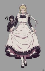 Rule 34 | !?, 1boy, 1girl, apron, arizuka (catacombe), black gloves, black hair, bloodborne, blue eyes, capelet, closed mouth, clothes lift, commentary request, dress, frilled apron, frills, gloves, grey background, hair over one eye, highres, holding, holding clothes, juliet sleeves, long hair, long skirt, long sleeves, maid, maid apron, maid headdress, open mouth, puffy sleeves, sidelocks, skirt, skirt hold, skirt lift, smile, sweat, victorian maid, white legwear
