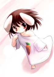 Rule 34 | 1girl, animal ears, bare shoulders, barefoot, brown hair, rabbit ears, carrot, chibi, child, female focus, highres, inaba tewi, looking at viewer, off shoulder, oversized clothes, shirt, short hair, solo, t-shirt, touhou, aged down, yume shokunin
