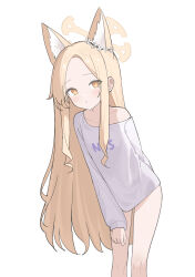 Rule 34 | 1girl, absurdres, animal ear fluff, animal ears, blonde hair, blue archive, chinese commentary, commentary request, extra ears, feet out of frame, fox ears, halo, highres, long hair, long sleeves, nagisa (cxcx5235), parted lips, partial commentary, seia (blue archive), shirt, simple background, solo, white background, white shirt, yellow eyes, yellow halo