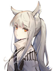 Rule 34 | 1girl, ahoge, animal ear fluff, animal ears, arknights, blonde hair, bright pupils, closed mouth, from side, high collar, highres, horse ears, long hair, looking at viewer, looking to the side, orange eyes, platinum (arknights), ponytail, sidelocks, simple background, solo, upper body, white background, zuiqiang zayu