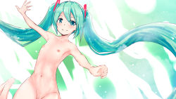Rule 34 | 1girl, barefoot, blue background, blue eyes, blue hair, blush, breasts, cleft of venus, collarbone, flat chest, green background, hatsune miku, leg up, long hair, looking at viewer, multicolored background, navel, nipples, nude, pussy, rakkuma, small breasts, smile, standing, twintails, vocaloid, white background