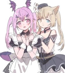 Rule 34 | 2girls, :o, alternate costume, animal ears, apron, arknights, bare shoulders, blue eyes, brown hair, cat ears, cat girl, choker, closed mouth, detached collar, dress, embarrassed, enmaided, hand on another&#039;s shoulder, hat, head wings, heterochromia, highres, long hair, maid, maid apron, manticore (arknights), multiple girls, nightmare (arknights), nightmare (light and shadow) (arknights), off-shoulder dress, off shoulder, official alternate costume, official alternate hairstyle, purple eyes, purple hair, red medicine, side ponytail, simple background, twintails, white background, wing ears, wings, yellow eyes