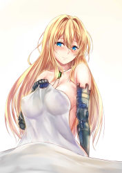 Rule 34 | 1girl, absurdres, bed sheet, blonde hair, blue eyes, breasts, covered erect nipples, hair between eyes, hair intakes, highres, large breasts, long hair, mechanical arms, nude, prosthesis, prosthetic arm, ribbon, simple background, sitting, solo, uchida shou, violet evergarden, violet evergarden (series), white background