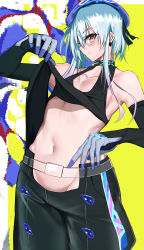Rule 34 | 1boy, absurdres, arknights, bare shoulders, beret, black pants, black shirt, blue hair, blue hat, blush, clothes lift, collarbone, cowboy shot, crossed bangs, groin, hair between eyes, hat, highres, infection monitor (arknights), lifted by self, looking at viewer, male focus, mametei, midriff, mizuki (arknights), navel, pants, pink eyes, profile, shirt, shirt lift, short hair with long locks, sleeveless, sleeveless shirt, smile, solo, standing, stomach, trap, yellow background