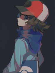Rule 34 | 1boy, bag, baseball cap, black background, blue bag, blue jacket, brown eyes, brown hair, closed mouth, commentary, creatures (company), from side, game freak, hat, highres, hilbert (pokemon), jacket, looking at viewer, male focus, moji (ld ipx), nintendo, pokemon, pokemon bw, short hair, shoulder bag, solo, symbol-only commentary, upper body