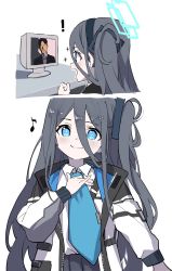 Rule 34 | !, 1girl, adjusting clothes, adjusting necktie, aris (blue archive), bad id, bad twitter id, black hair, black hairband, blue archive, blue eyes, collared shirt, hair between eyes, hairband, halo, highres, jacket, long hair, long hair between eyes, manarou, manatsu no yo no inmu, monitor, multicolored clothes, multicolored jacket, musical note, necktie, one side up, open mouth, shirt, solo, very long hair, white shirt