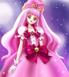 Rule 34 | 1girl, bow, chieri (go! princess precure), choker, cure flora, dress, gloves, go! princess precure, gradient background, haruyama kazunori, long hair, looking at viewer, pink dress, pink hair, precure, previous cure flora, red eyes, solo, waist bow, white gloves