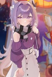 Rule 34 | 1girl, blush, breasts, casual, cone hair bun, genshin impact, grey scarf, hair bun, highres, keqing (genshin impact), keqing (lantern rite) (genshin impact), lempika, long hair, long sleeves, looking at viewer, medium breasts, off-shoulder sweater, off shoulder, purple eyes, purple hair, purple sweater, scarf, smile, solo, sweater, swept bangs, twintails