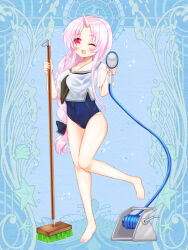 Rule 34 | 1girl, ;d, bare legs, barefoot, black bow, black neckerchief, blue background, blue one-piece swimsuit, blush, bow, braid, breasts, broom, copyright request, covered navel, full body, hair bow, hair over shoulder, holding, holding broom, horns, hose, hose nozzle, long hair, looking at viewer, medium breasts, neckerchief, official art, one-piece swimsuit, one eye closed, open mouth, parted bangs, pink hair, red eyes, sailor collar, see-through, shikito (yawa0w0), shirt, short sleeves, single braid, single horn, smile, solo, standing, standing on one leg, swimsuit, swimsuit under clothes, very long hair, wet, wet clothes, wet shirt, white sailor collar, white shirt