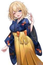 Rule 34 | 1girl, animal print, blonde hair, blue eyes, blue kimono, blush, breasts, commentary request, fish print, hakama, hakama skirt, highres, hololive, hololive english, japanese clothes, kimono, large breasts, long sleeves, looking at viewer, machi (7769), ok sign, one eye closed, open mouth, print kimono, short hair, simple background, skirt, solo, standing, virtual youtuber, watson amelia, watson amelia (new year), white background, wide sleeves, yellow hakama