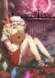 Rule 34 | 1girl, ankle socks, bad id, bad pixiv id, blonde hair, bloomers, button eyes, buttons, cloud, flandre scarlet, flower, frown, full moon, grass, hat, hat ribbon, head rest, hugging object, iron bars, knees up, looking at viewer, mary janes, mob cap, moon, naeko777, night, night sky, puffy short sleeves, puffy sleeves, reclining, red eyes, red flower, red moon, red rose, ribbon, rose, shoes, short hair, short sleeves, side ponytail, skirt, skirt set, sky, socks, solo, stuffed animal, stuffed toy, stuffing, teddy bear, touhou, tree, underwear, wings, wrist cuffs