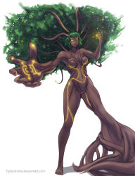 Rule 34 | 1girl, branch, breasts, energy, glowing, green eyes, hybridmink, leaf, monster, monster girl, nude, original, plant, plant girl, simple background, small breasts, solo, tree, tree girl, vampire (game), white background