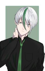 Rule 34 | 1boy, arm up, black shirt, blue lock, character name, closed mouth, green background, green eyes, green hair, highres, long hair, looking at viewer, multicolored hair, otoya eita, rxdry, serious, shirt, simple background, tagme, two-tone hair, white background, white hair