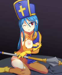 Rule 34 | 1girl, blue hair, blush, bodysuit, boots, breast hold, breast slip, breasts, caryo, cross, dragon quest, dragon quest iii, gloves, hat, long hair, mace, mitre, nanashino, nipples, one breast out, one eye closed, parted lips, priest (dq3), red eyes, sitting, solo, tabard, tears, torn bodysuit, torn clothes, wariza, weapon, wince, wink, yellow gloves