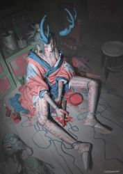 Rule 34 | 1girl, bisected, blood, bloody knife, blue eyes, blue horns, blush, body writing, candle, detached horns, doll joints, earrings, from above, grey hair, highres, horns, indoors, jewelry, joints, knife, looking at viewer, matches, no pupils, original, paint, paintbrush, pig, pointy ears, shadow, signature, sitting, solo, spread legs, stool, wooden floor, zeenchin