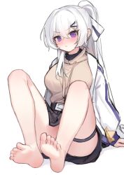 Rule 34 | 1girl, absurdres, barefoot, blush, feet, highres, ishtar 0v0, long hair, looking at viewer, ponytail, purple eyes, soles, toes, white hair