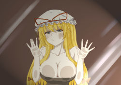 Rule 34 | 1girl, against glass, b3b, blonde hair, blue eyes, bow, breast press, breasts, breasts on glass, brown background, cheek squash, fourth wall, frown, hair bow, hat, hat ribbon, highres, large breasts, long hair, ribbon, solo, touhou, yakumo yukari