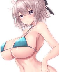 Rule 34 | 1girl, ahoge, arms at sides, bare arms, bare shoulders, bikini, bikini top only, black bow, blonde hair, blue bikini, blush, bow, breasts, brown eyes, cleavage, closed mouth, collarbone, commentary request, covered erect nipples, fate/grand order, fate (series), hair between eyes, hair bow, highres, koha-ace, large breasts, looking at viewer, micro bikini, micro bikini top, navel, okita souji (fate), okita souji (koha-ace), short hair, sidelocks, simple background, solo, stomach, strap gap, swimsuit, underboob, white background, yuuki shuri