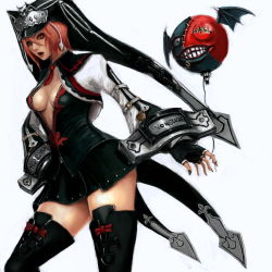 Rule 34 | 1girl, boots, breasts, cleavage, fingerless gloves, foolish human, gloves, guilty gear, guilty gear 2, hat, highres, jester cap, no bra, open clothes, open mouth, open shirt, red eyes, red hair, shirt, short hair, skirt, solo, thigh boots, thighhighs, valentine (guilty gear), zettai ryouiki
