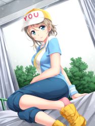 Rule 34 | 10s, 1girl, ankle socks, baseball cap, blue eyes, blush, breasts, brown hair, dutch angle, hat, highres, looking at viewer, love live!, love live! school idol festival, love live! sunshine!!, medium breasts, parted lips, peaked cap, shirt, shoe dangle, short hair, smile, socks, solo, t-shirt, tucana, watanabe you, window