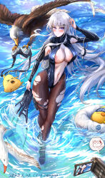 Rule 34 | absurdres, armpit cutout, azur lane, bird, black wetsuit, blue eyes, blush, bodysuit, breasts, camcorder, camera, character name, chibi, chibi inset, cleavage, clothing cutout, commander (azur lane), commentary request, dated, diving mask, diving mask removed, diving suit, eagle, embarrassed, enterprise (azur lane), enterprise (diving under blue skies) (azur lane), flippers, flippers removed, goggles, grey hair, grim (azur lane), hair ornament, hairclip, highres, holding, holding camera, holding flippers, large breasts, long hair, looking at viewer, manjuu (azur lane), navel, nipple slip, nipples, ocean, open wetsuit, qiyedefeishazhanji, scuba gear, scuba tank, seagull, skin tight, spoken character, star (symbol), star hair ornament, sweatdrop, swim goggles, torn bodysuit, torn clothes, very long hair, video camera, wading, water, wavy mouth, wet, wetsuit