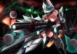 Rule 34 | 1girl, absurdres, aiming, aiming at viewer, artery gear, black thighhighs, blurry, blush, boots, depth of field, explosion, finger on trigger, fire, gloves, glowing, gun, hair between eyes, headgear, highres, holding, holding gun, holding weapon, legs apart, leila pegas, leotard, looking at viewer, mecha, mecha musume, orb, red eyes, red hair, robot, solo, standing, thighhighs, weapon, zheyi parker